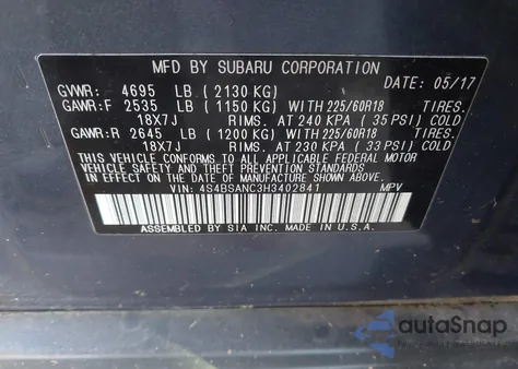 2017 Subaru Outback 2.5I Limited from USA, damaged, VIN 4S4BSANC3H3402841